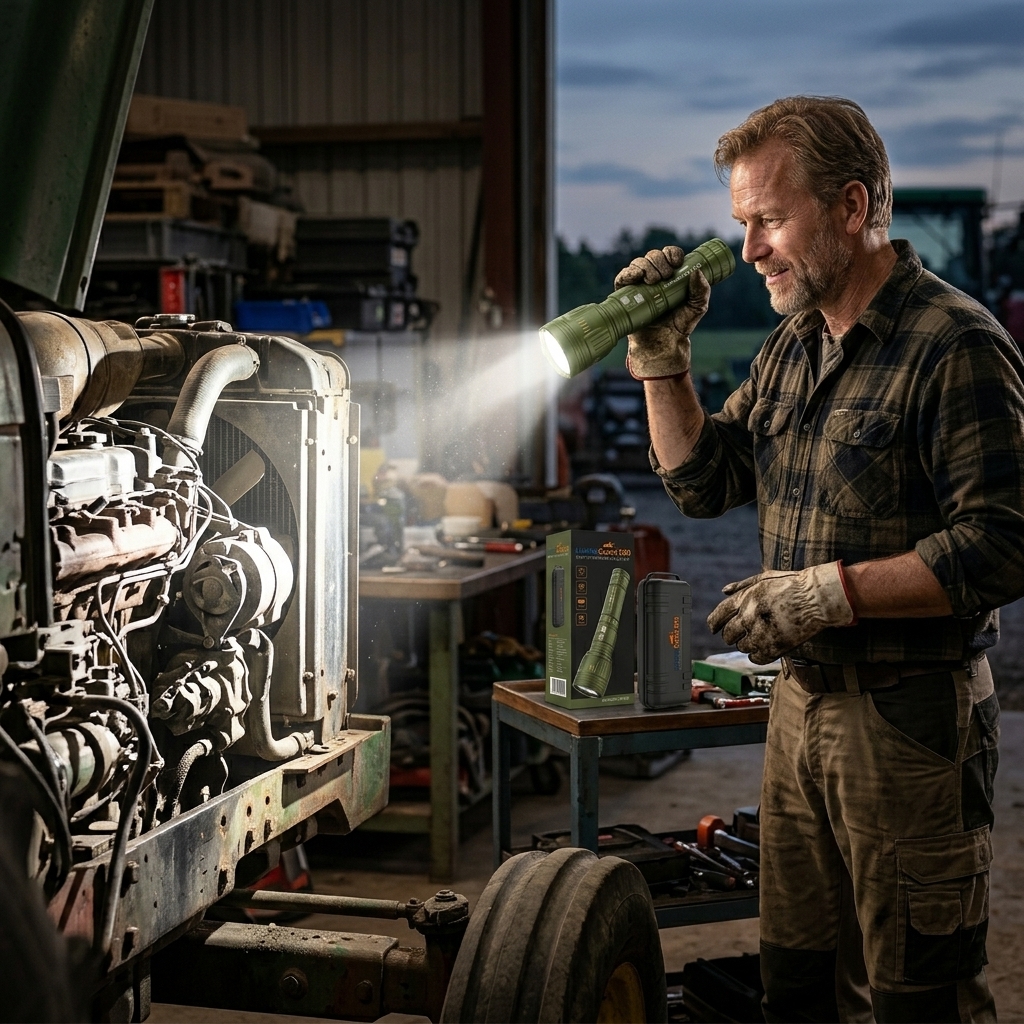 man using flashlight to inspect machinery in workshop, extreme range / illuminates large areas