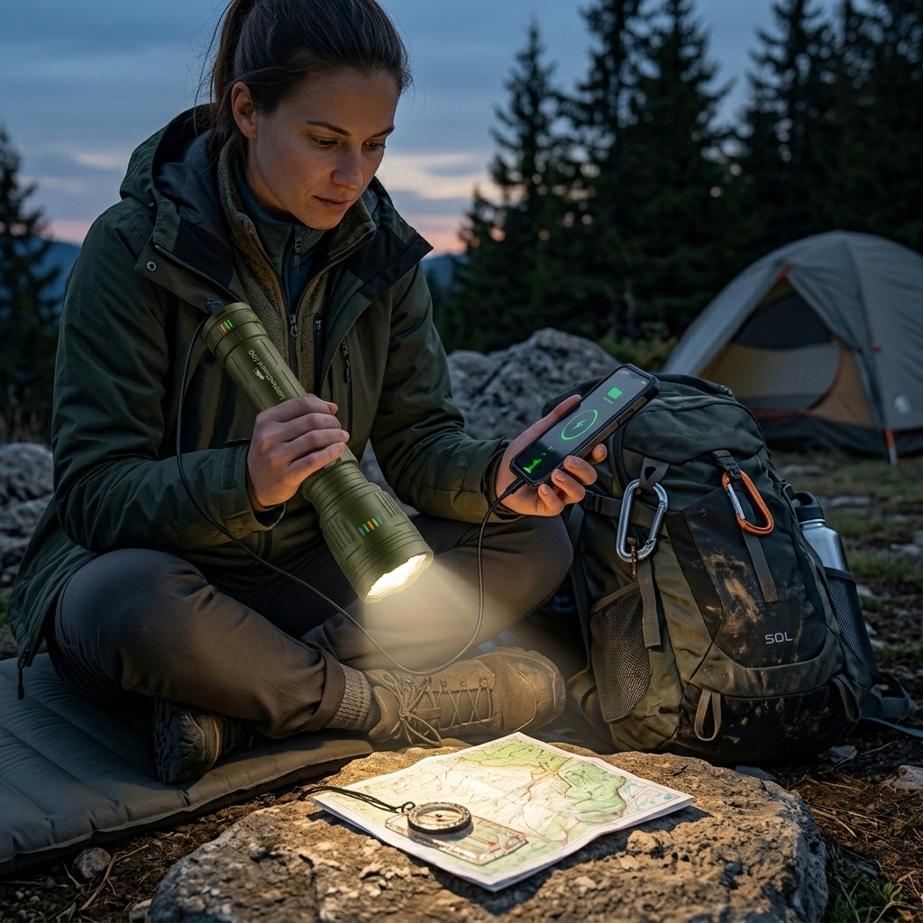 camping scene, flashlight charging smartphone via integrated powerbank, 8-10 hour battery
