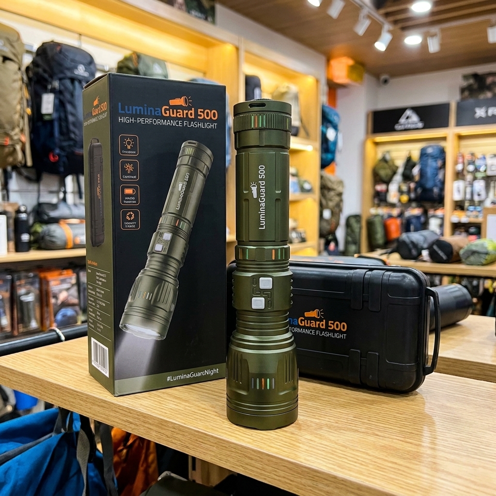 LuminaGuard 500 tactical flashlight with retail box and protective carrying case on a shelf