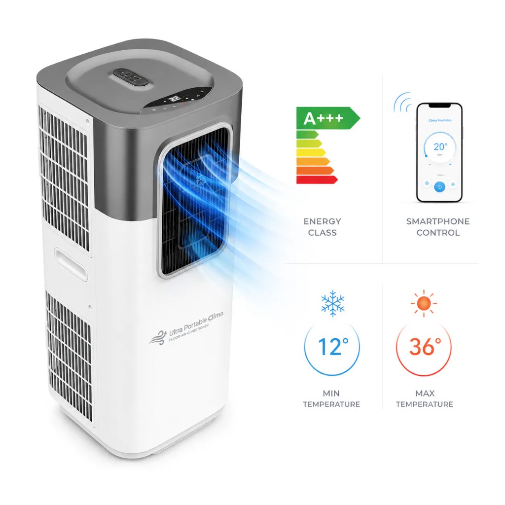 Ultra Portable Clima — raffrescatore da pavimento portatile classe energetica A+++, controllo da smartphone e raffrescamento Clima Waterfall